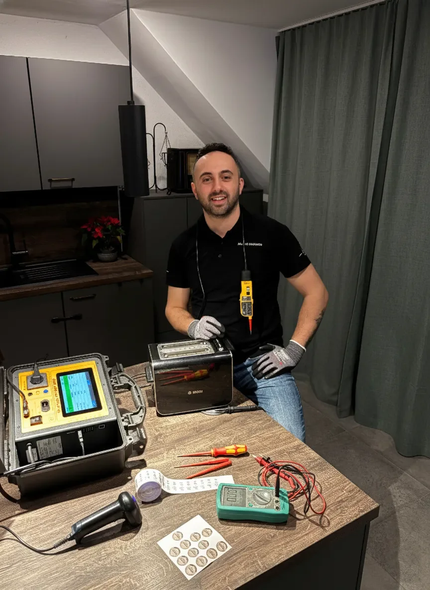 Elektrohandwerksmeister Michail Meletakis mit Prüfgerät und Messequipment